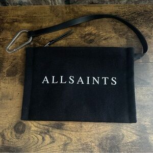 NWOT AllSaints Black Canvas Logo Zip Pouch Wristlet with Silver Carabiner Clip
